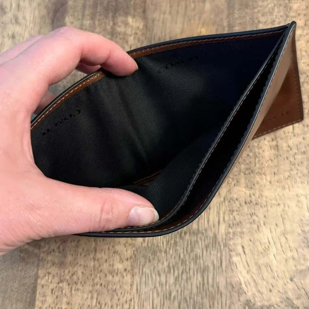 COACH Billfold Wallet Genuine Water Buffalo Leather 8-Card Supple Embossed Brown